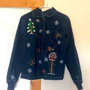 Christmas denim jacket button up size Large